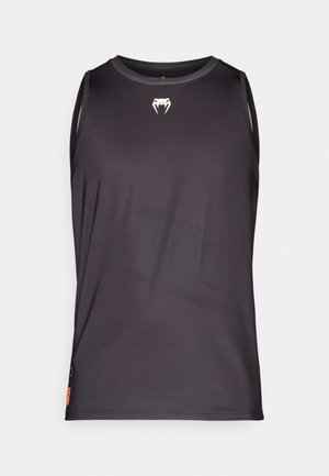 Black sleeveless athletic tank top made of smooth, lightweight fabric. Features a small white logo on the chest and side panel accents.