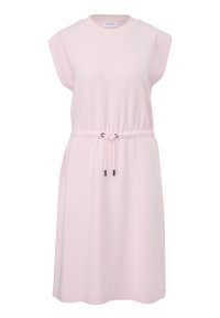 Rosa Kurzarmkleid aus weichem Stoff mit taillierbarem Bund, versehen mit silbernen Hardware-Details und einer lockeren Passform.