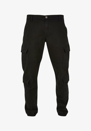 Svarta cargo-byxor i bomull, med flera sidofickor, rak ben-design och elastiska fållar vid anklarna.