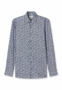 Blumiges Hemd mit dunkelblauem Hintergrund und mehrfarbigen kleinen Mustern, langen Ärmeln, durchgehendem Knopfverschluss und klassischem Kragen.