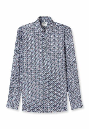 Bloemenoverhemd met een marineblauwe achtergrond en meerkleurige kleine patronen, lange mouwen, knoopsluiting aan de voorkant en een klassieke kraag.