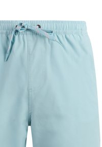Lichtblauwe zwemshorts met een elastische tailleband en een bijpassende trekkoordstrik aan de voorkant in het midden.