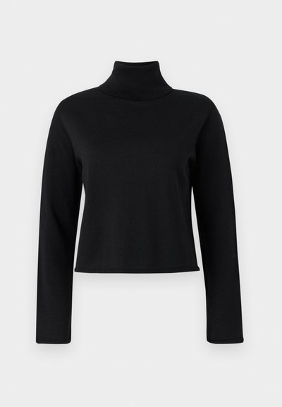 Melnā augstās apkakles džemperis ar garām piedurknēm, izgatavots no mīksta, gluda auduma. Tam ir pieguļošs dizains un ribotā apkakle un aproces.