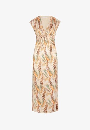 Maxikjole lavet af letvægtsstof, med et zigzag-mønster i orange, brunt og grønt, samt en dyb V-udskæring og korte ærmer.