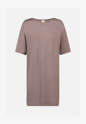 Korte mouwen, losvallend t-shirt in een zachte, gedempte mauve kleur. Glad textuur met een ronde hals en rechte zoom. Geen zichtbare patronen of accenten.
