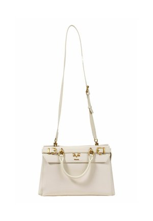 Cream leather handbag with double handles and adjustable shoulder strap, featuring gold-tone buckles and logo detailing on front.