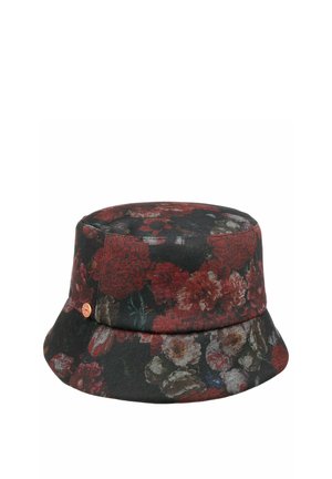 Schwarzer Bucket-Hut mit dunkelrotem und gedämpftem Blumenmuster und einem kleinen runden Messing-Logo-Pin an der Seite.