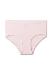 Hellrosa Baumwollslip mit elastischem Bund. Glatte Textur, tiefer Schnitt und geschwungene Beinöffnungen. Schlichtes, unifarbenes Design ohne Muster.