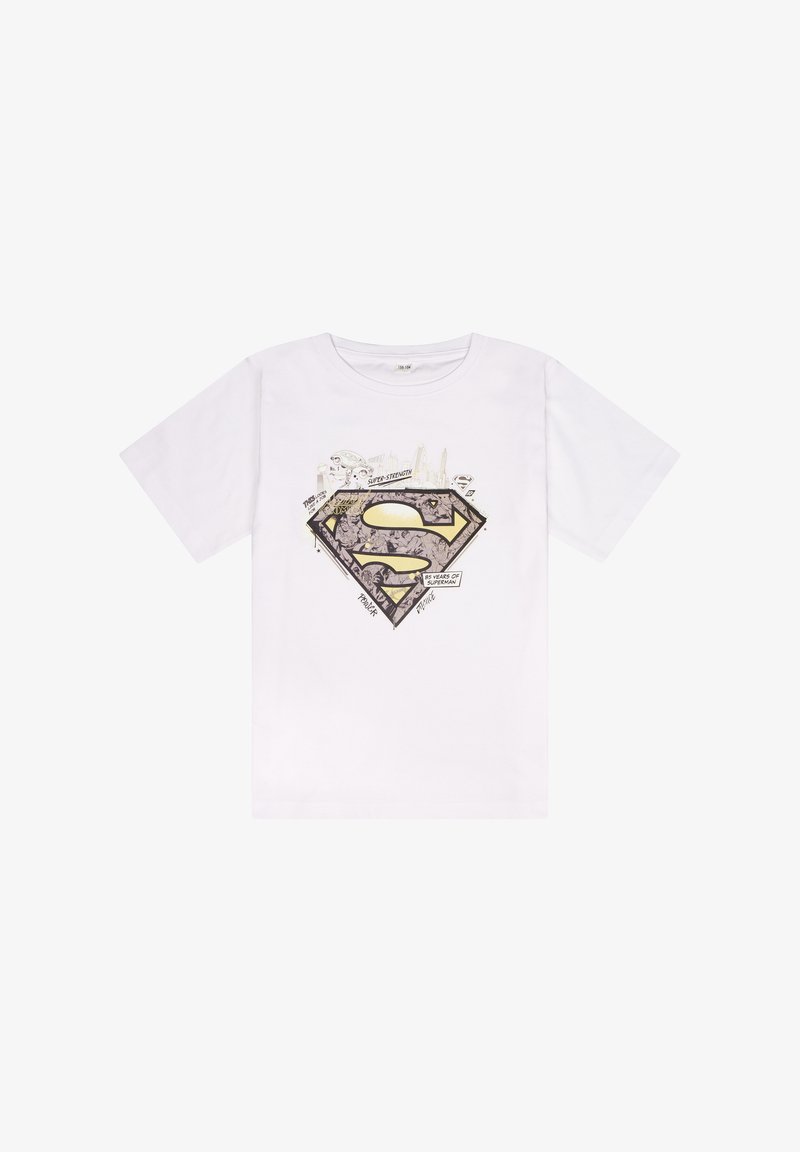 Weißes Baumwoll-T-Shirt mit einem großen schwarzen und goldenen Superman-Logo auf der Vorderseite, mit grafischen Elementen im Comic-Stil und Textdetails.
