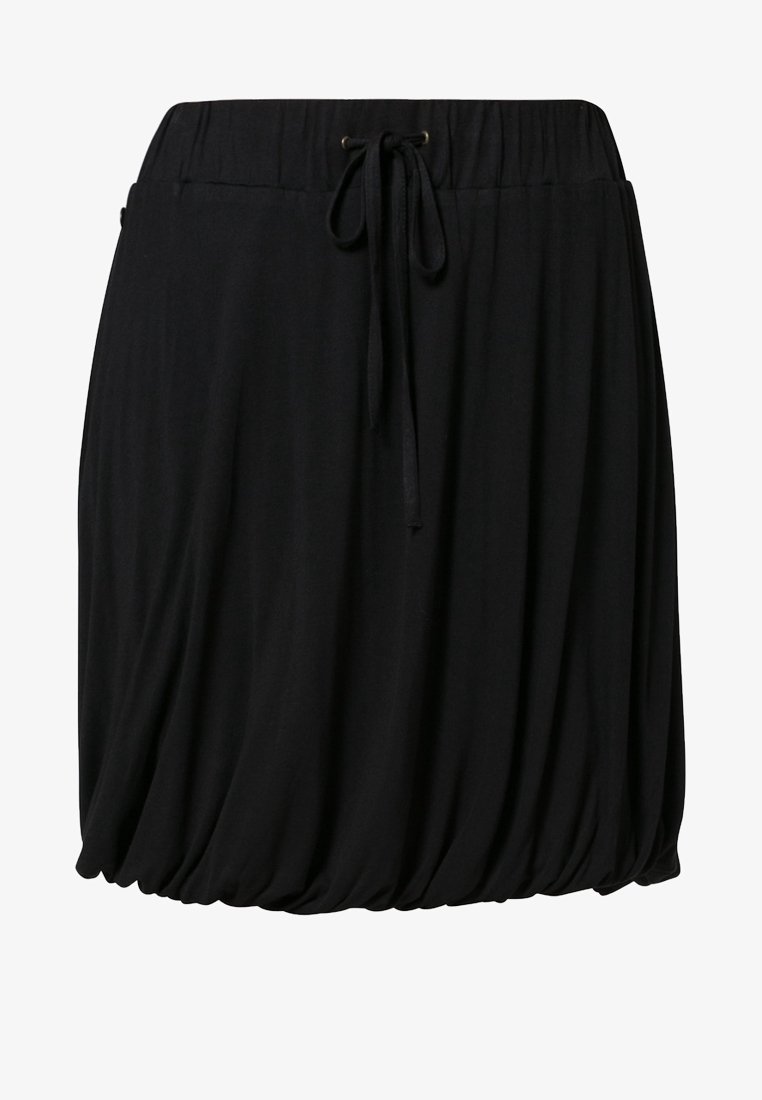 Jupe noire longueur genou avec taille élastique et cordon de serrage, ourlet froncé créant une silhouette bouffante.