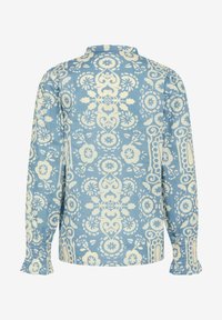 Blusa blu a fantasia con design floreale, maniche lunghe, polsini arricciati e taglio dritto con colletto sul retro.
