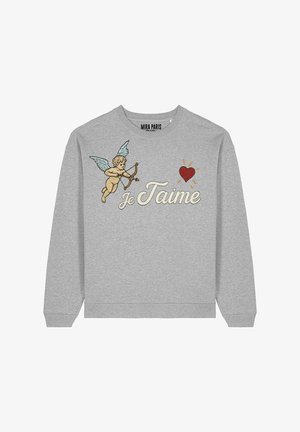 Grijze sweatshirt met een geborduurde cherubijn met vleugels, een hart en de tekst "Je T'aime" in sierlijke letters. Gemaakt van zacht materiaal.