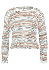 Pull court tricoté en maille légère ajourée avec des rayures alternées argent, vert menthe et pêche. Manches longues, encolure ronde.