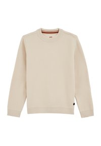 Pulover bej cu textură în relief, guler rotund și mâneci lungi. Dispune de un mic accent cu logo în colțul stâng de jos. Material moale, tricotat.