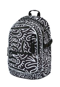 Zaino nero con motivi astratti bianchi, dotato di diversi scomparti con zip, spallacci imbottiti e maniglia superiore per il trasporto.