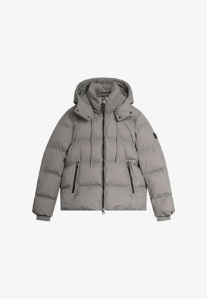Giacca a vento grigia con cappuccio, dotata di zip frontale, due tasche con zip e design trapuntato per isolamento. Tessuto morbido e polsini elasticizzati.