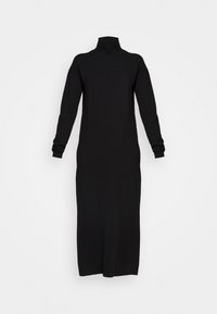 Langes schwarzes Kleid mit hohem Kragen, langen Ärmeln und angepasst Silhouette. Aus weichem Stoff gefertigt, reicht es bis zur Mitte der Wade mit gerippten Bündchen.