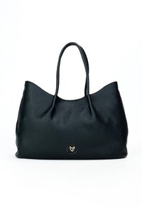Borsa a tracolla nera in pelle con superficie testurizzata, forma allungata, due manici e un piccolo logo rotondo dorato al centro in basso.
