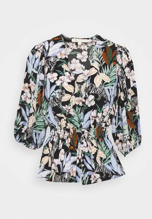 Schwarze Bluse mit Puffärmeln, Blumen- und Tiger-Mustern in Grün, Blau, Beige und Orange, mit V-Ausschnitt und tailliertem Bund mit Knöpfen.
