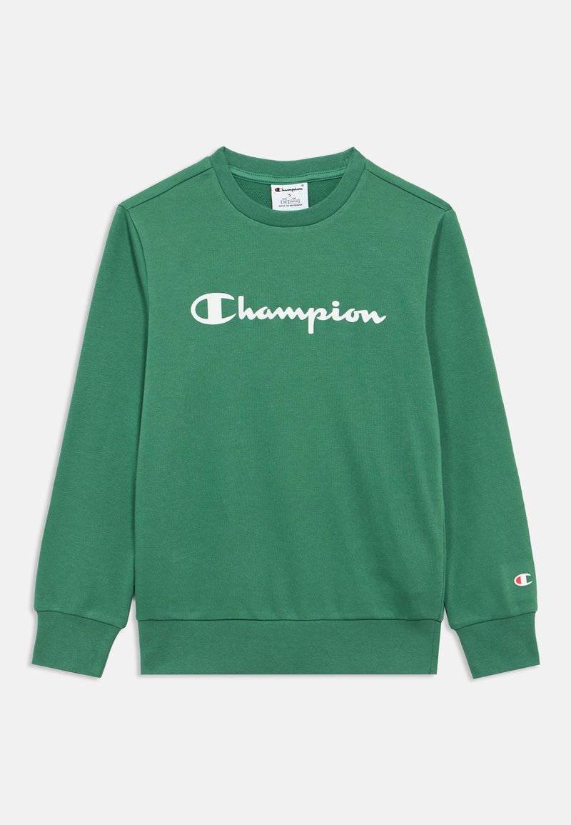 Sweat-shirt vert en mélange de coton, avec un col rond, des manches longues, et le logo "Champion" en blanc sur la poitrine.