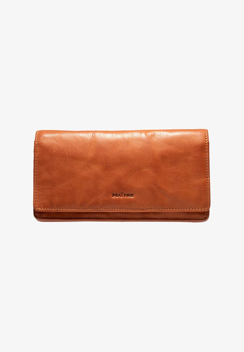 Brown leather wallet with a smooth texture, rectangular shape, and stitched edges. Features a debossed logo on the front.