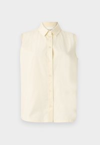 Camisa sin mangas de botón en un amarillo claro, con un cuello clásico y cinco botones en la parte frontal, con un acabado de tela suave y texturizada.