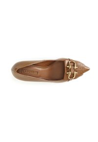 Scarpa piatta in pelle marrone con punta affusolata, caratterizzata da dettagli in metallo dorato e perforazioni sulla parte anteriore. Texture liscia nel complesso.