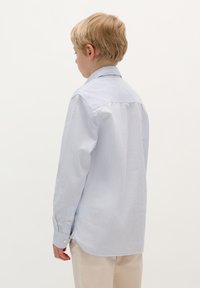 Camicia a maniche lunghe a strisce azzurre e bianche con colletto a punta e polsini con bottoni, realizzata in un tessuto liscio, vista da dietro.