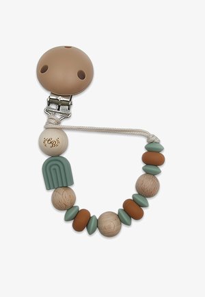Clip per ciuccio in silicone con un supporto rotondo beige, clip in metallo e una combinazione di perline in legno e silicone nei toni verde, marrone e naturali.