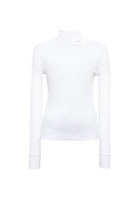 Weißes langärmliges Rollkragenoberteil aus weichem, leichtem Material. Hat eine figurbetonte Passform und eine glatte Textur mit einem hohen Kragen.