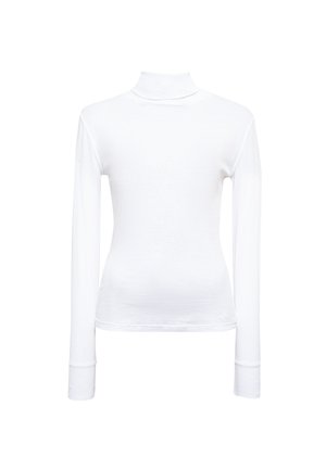 White long-sleeve turtleneck top made of soft, lightweight material. Features fitted shape and smooth texture with a high neck design.