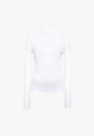 White long-sleeve turtleneck top made of soft, lightweight material. Features fitted shape and smooth texture with a high neck design.