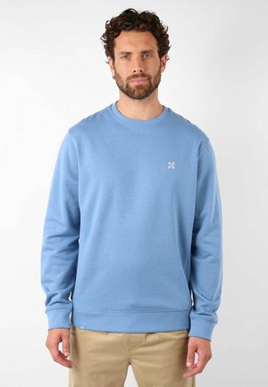 Sweatshirt bleu clair en mélange de coton, avec un col rond et des manches longues. Petit logo sur la poitrine. Texture douce.
