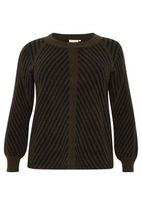 Dunkelgrüner Strickpullover mit diagonalen schwarzen Streifen, rundem Ausschnitt und langen, aufgepufften Ärmeln. Weiche Textur und lockere Passform.