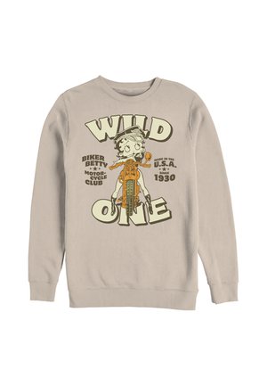 Beżowa bluza z postacią motocyklisty z kreskówki na motocyklu i tekstem "Wild One," "Biker Betty Motorcycle Club," oraz "Made in the U.S.A. since 1930."
