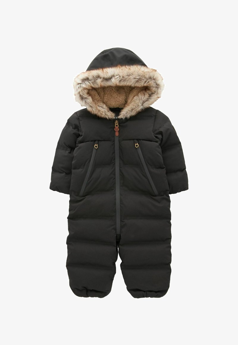 Mustaline paksu ühes tükis talvemantel koos karvatrimmeliga kapuutsiga, kahe tõmblukuga taskuga ja tikandiga isolatsiooni jaoks.