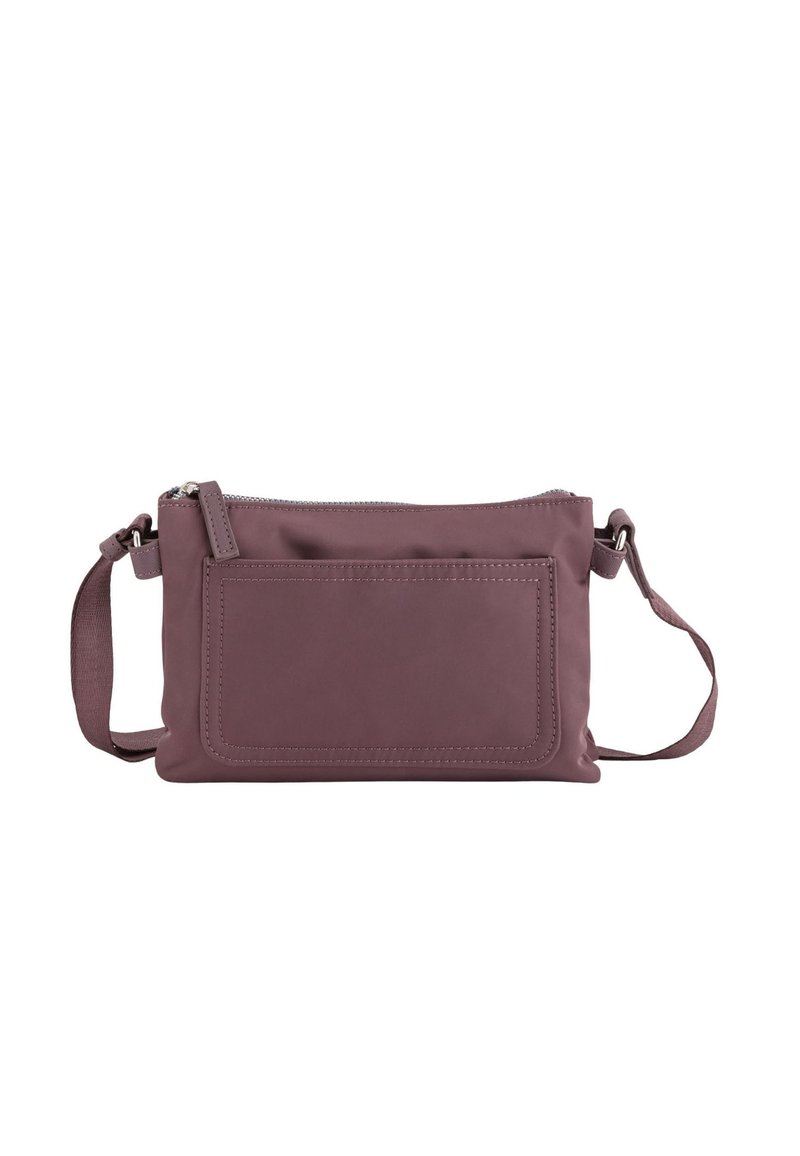 Kleine Umhängetasche in dunklem Mauve, aus glattem synthetischem Material gefertigt. Verfügt über einen Reißverschluss und eine vordere Aufsatztasche. Verstellbarer Trageriemen.