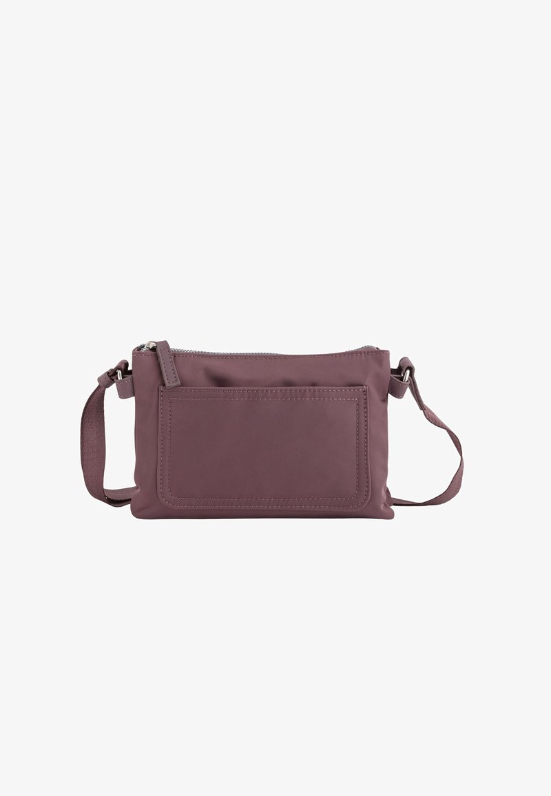 Kleine schoudertas in donker mauve, gemaakt van glad synthetisch materiaal. Voorzien van een ritssluiting en een voorvakje. Verstelbare strap.