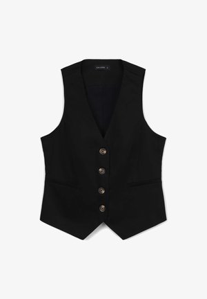 Veste sans manches noire avec un décolleté en V profond, cinq boutons marron, deux poches avant et une coupe ajustée. Tissu lisse avec un léger éclat.