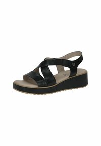 Mustad nahast platform sandaalid, mis on varustatud kahe ristatud rihmaga, ümarate avatud varvastega ja tekstuursed kummipõhjaga, et tagada parem haardevõime.