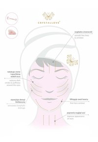 Ilustracja wałka do twarzy z różowego kwarcu i narzędzia Gua Sha. Charakteryzuje się jasnoróżowym kolorem, gładką teksturą oraz złotymi akcentami z logo marki i wskazaniami.