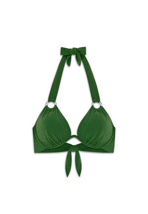 Green bikini top with triangular cups, thin tie straps, and silver ring accents. Made from textured fabric, featuring a knotted front detail.