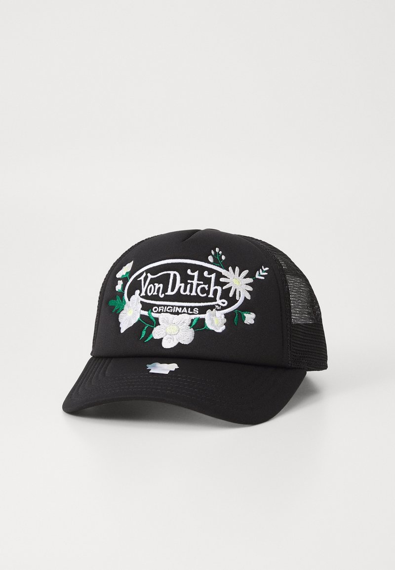 Casquette trucker en mesh noire avec logo blanc brodé "Von Dutch Originals", entouré de fleurs blanches et jaunes et de feuilles vertes.