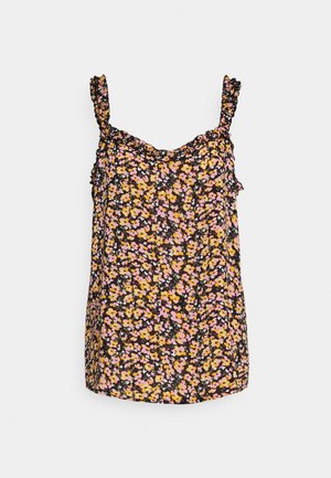 Black floral top with adjustable straps, featuring pink and yellow flowers, a gathered neckline, and a loose fit. Light, textured fabric.