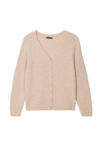 Licht beige geribbelde cardigan met een V-hals, lange mouwen en zeven knopen aan de voorkant. Zachte textuur en een ontspannen fit.