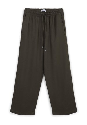 Olivengrüne, weite Hose aus einem weichen Material. Mit einem elastischen Bund und einem Kordelzug sowie seitlichen Taschen ausgestattet.