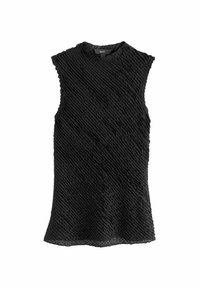 Juodas be rankovių palaidinės modelis su tekstūriniu, susiglaudusiu raštu. Turi aukštą apykaklę ir šiek tiek platėjančią hemline. Lengvas audinys.