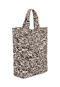 Leopard print tote bag with two short handles, made of fabric. Features a beige base with black and brown spots, soft texture.
