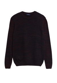 Maglione a girocollo lavorato a maglia in un melange di color bordeaux scuro e nero, con maniche lunghe e polsini, orlo e scollo a costine.
