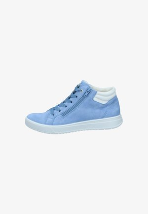 Light blue suede high-top sneaker with white accents, laces, and side zipper; features a rubber sole and a padded collar for comfort.